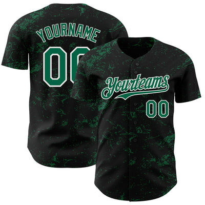 Custom Black Kelly Green-White 3D Pattern Design Abstract Splatter Texture Authentic Baseball Jersey