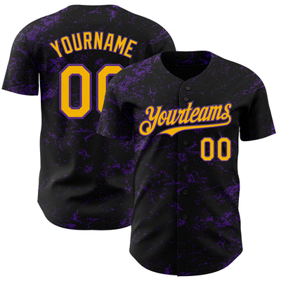 Custom Black Gold-Purple 3D Pattern Design Abstract Splatter Texture Authentic Baseball Jersey