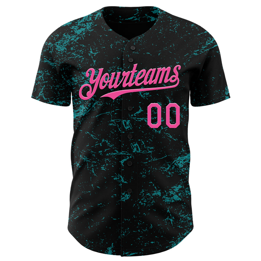 Custom Black Pink-Teal 3D Pattern Design Abstract Splatter Texture Authentic Baseball Jersey