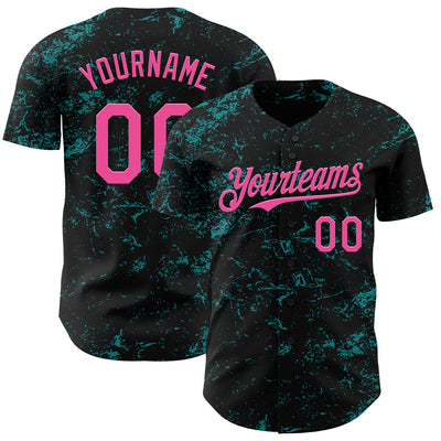 Custom Black Pink-Teal 3D Pattern Design Abstract Splatter Texture Authentic Baseball Jersey