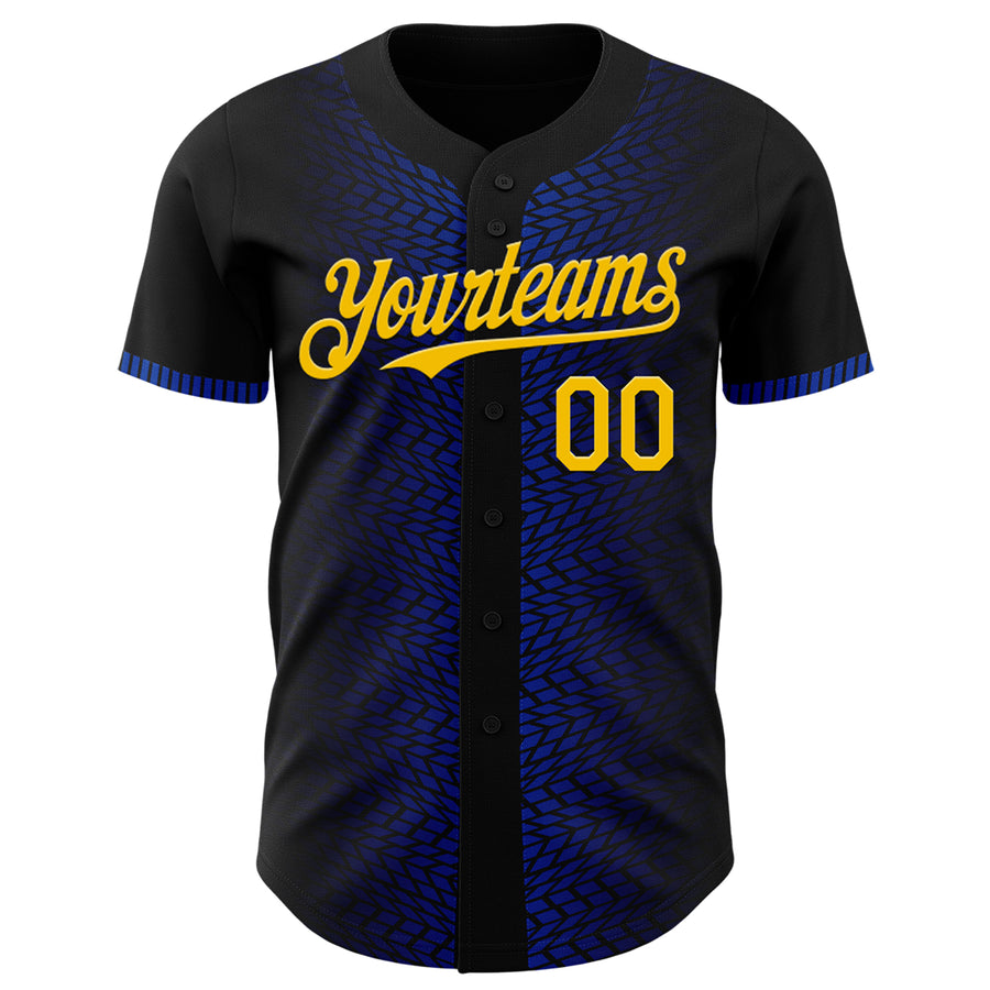 Custom Black Yellow-Thunder Blue 3D Pattern Design Geometric Shapes Authentic Baseball Jersey