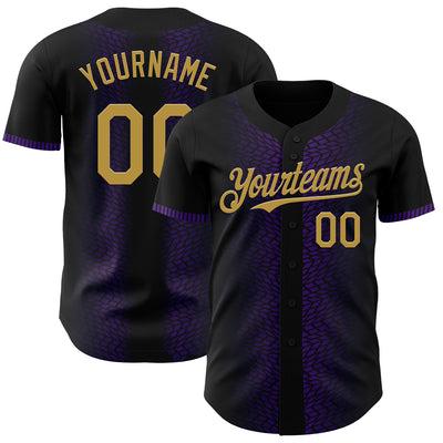 Custom Black Old Gold-Purple 3D Pattern Design Geometric Shapes Authentic Baseball Jersey