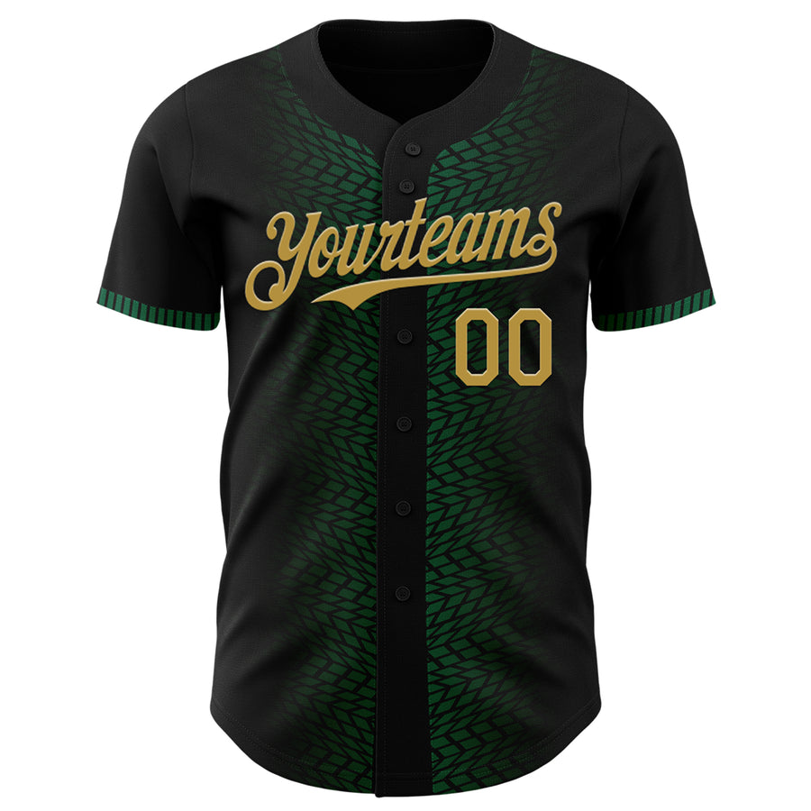 Custom Black Old Gold-Kelly Green 3D Pattern Design Geometric Shapes Authentic Baseball Jersey