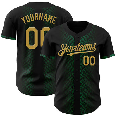 Custom Black Old Gold-Kelly Green 3D Pattern Design Geometric Shapes Authentic Baseball Jersey