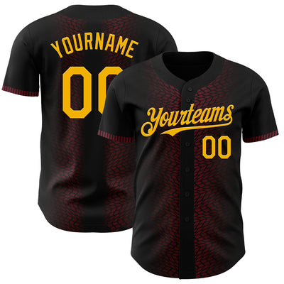 Custom Black Gold-Burgundy 3D Pattern Design Geometric Shapes Authentic Baseball Jersey