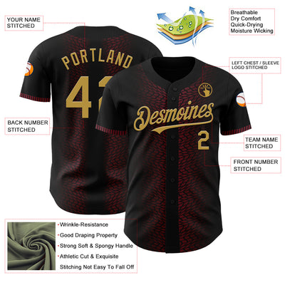 Custom Black Old Gold-Burgundy 3D Pattern Design Geometric Shapes Authentic Baseball Jersey