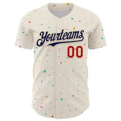 Custom Cream Navy-Red 3D Pattern Design Confetti Authentic Baseball Jersey