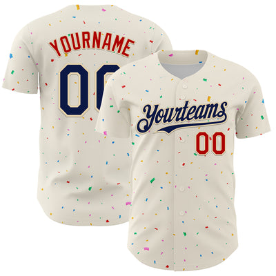 Custom Cream Navy-Red 3D Pattern Design Confetti Authentic Baseball Jersey