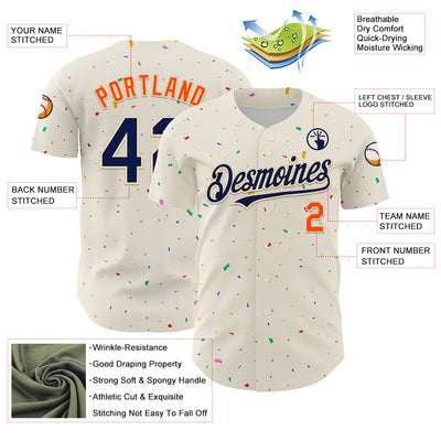 Custom Cream Navy-Orange 3D Pattern Design Confetti Authentic Baseball Jersey