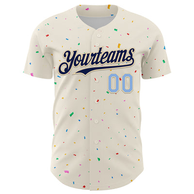 Custom Cream Navy-Light Blue 3D Pattern Design Confetti Authentic Baseball Jersey