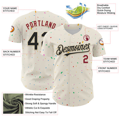 Custom Cream Black-Crimson 3D Pattern Design Confetti Authentic Baseball Jersey