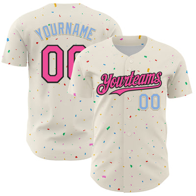 Custom Cream Pink Black-Light Blue 3D Pattern Design Confetti Authentic Baseball Jersey