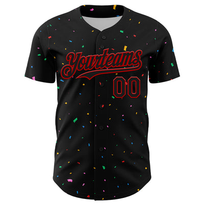 Custom Black Red 3D Pattern Design Confetti Authentic Baseball Jersey