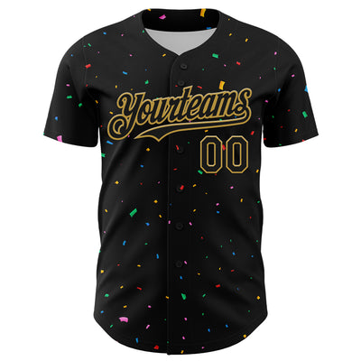 Custom Black Old Gold 3D Pattern Design Confetti Authentic Baseball Jersey