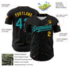 Custom Black Teal-Gold 3D Pattern Design Confetti Authentic Baseball Jersey