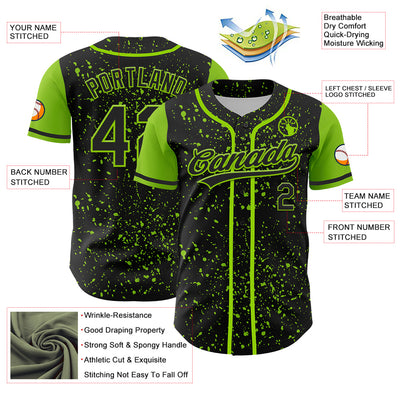 Custom Black Neon Green 3D Pattern Design Abstract Splatter Ink Authentic Baseball Jersey