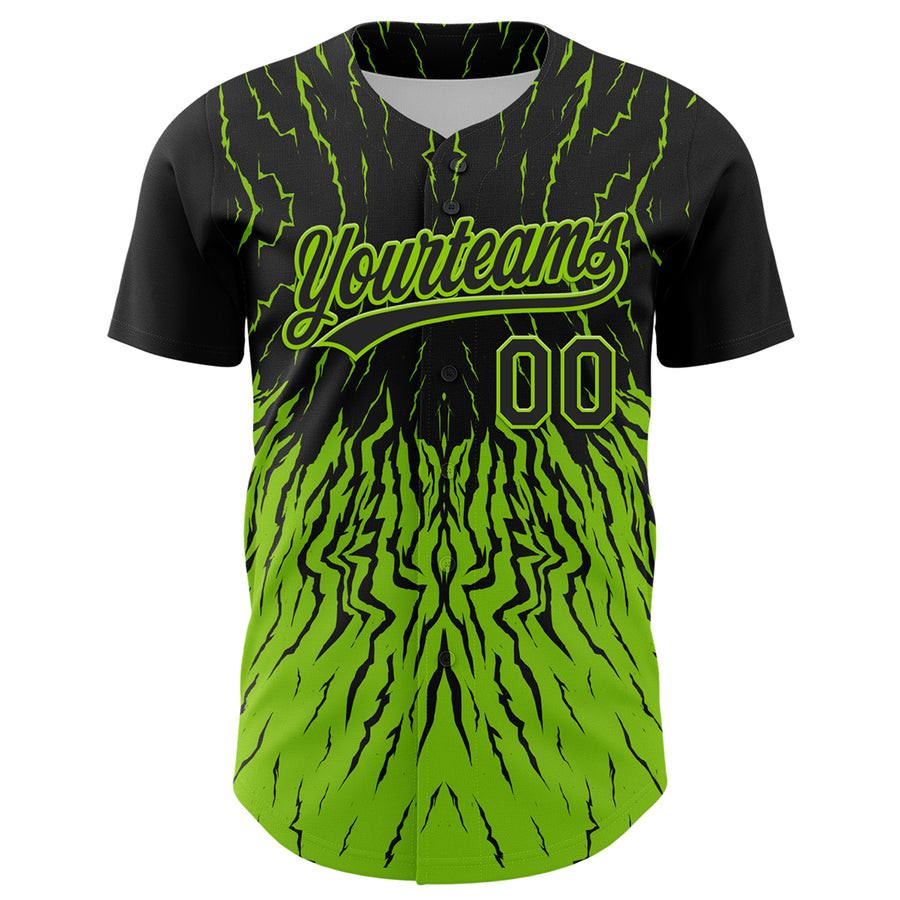 Custom Black Neon Green 3D Pattern Design Abstract Wave Authentic Baseball Jersey