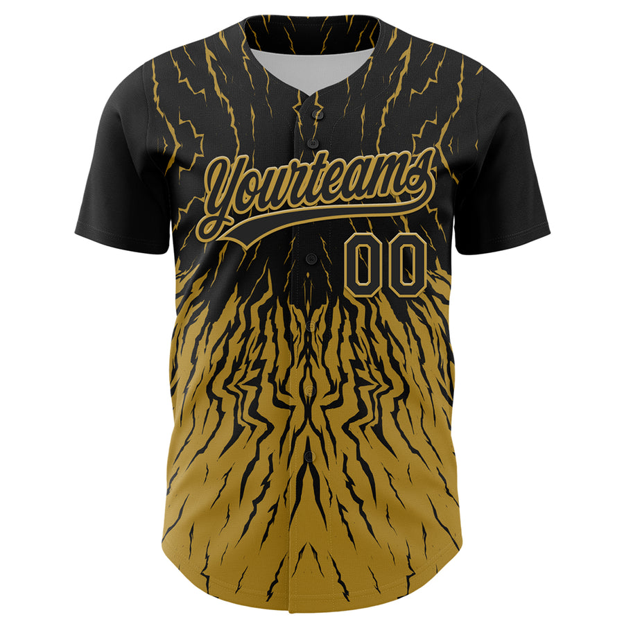 Custom Black Old Gold 3D Pattern Design Abstract Wave Authentic Baseball Jersey