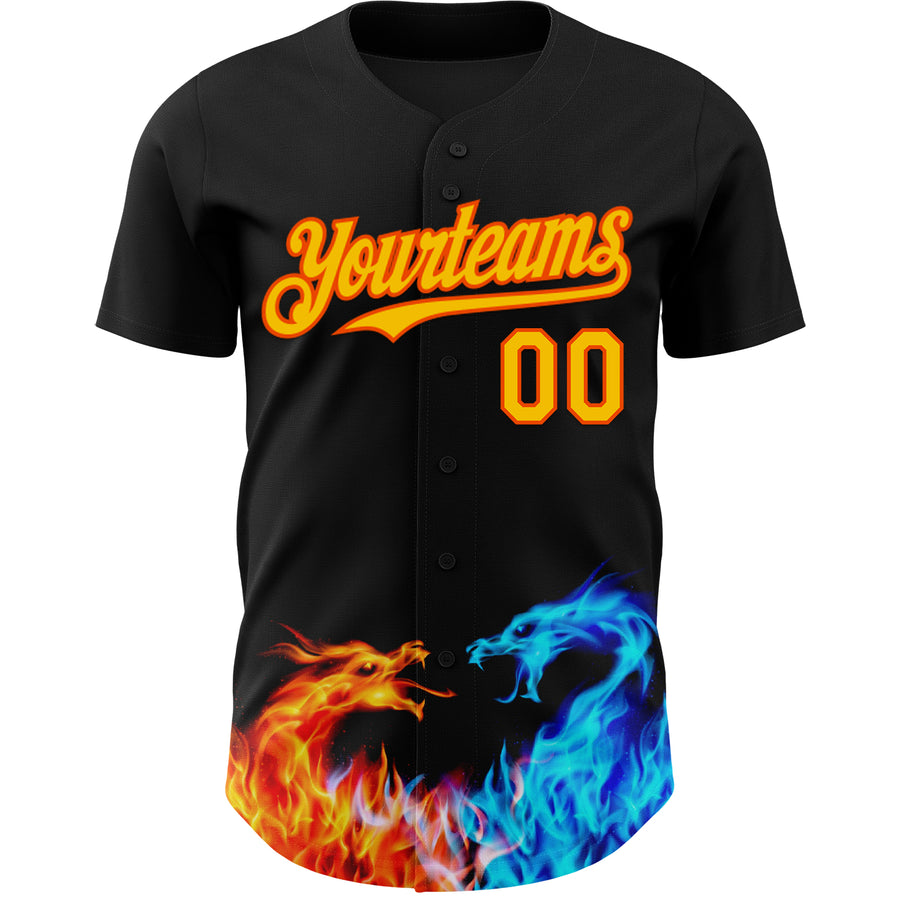 Custom Black Yellow-Orange 3D Pattern Design Fire Dragon Authentic Baseball Jersey