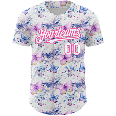 Custom White Pink 3D Pattern Design Animal Butterfly Authentic Baseball Jersey