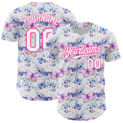 Custom White Pink 3D Pattern Design Animal Butterfly Authentic Baseball Jersey