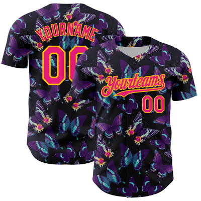 Custom Black Hot Pink-Yellow 3D Pattern Design Animal Butterfly Authentic Baseball Jersey