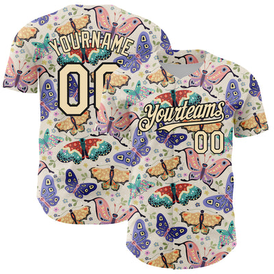 Custom Cream Black 3D Pattern Design Animal Butterfly Authentic Baseball Jersey