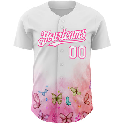 Custom White Pink 3D Pattern Design Animal Butterfly Authentic Baseball Jersey