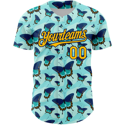 Custom Ice Blue Gold-Navy 3D Pattern Design Animal Butterfly Authentic Baseball Jersey