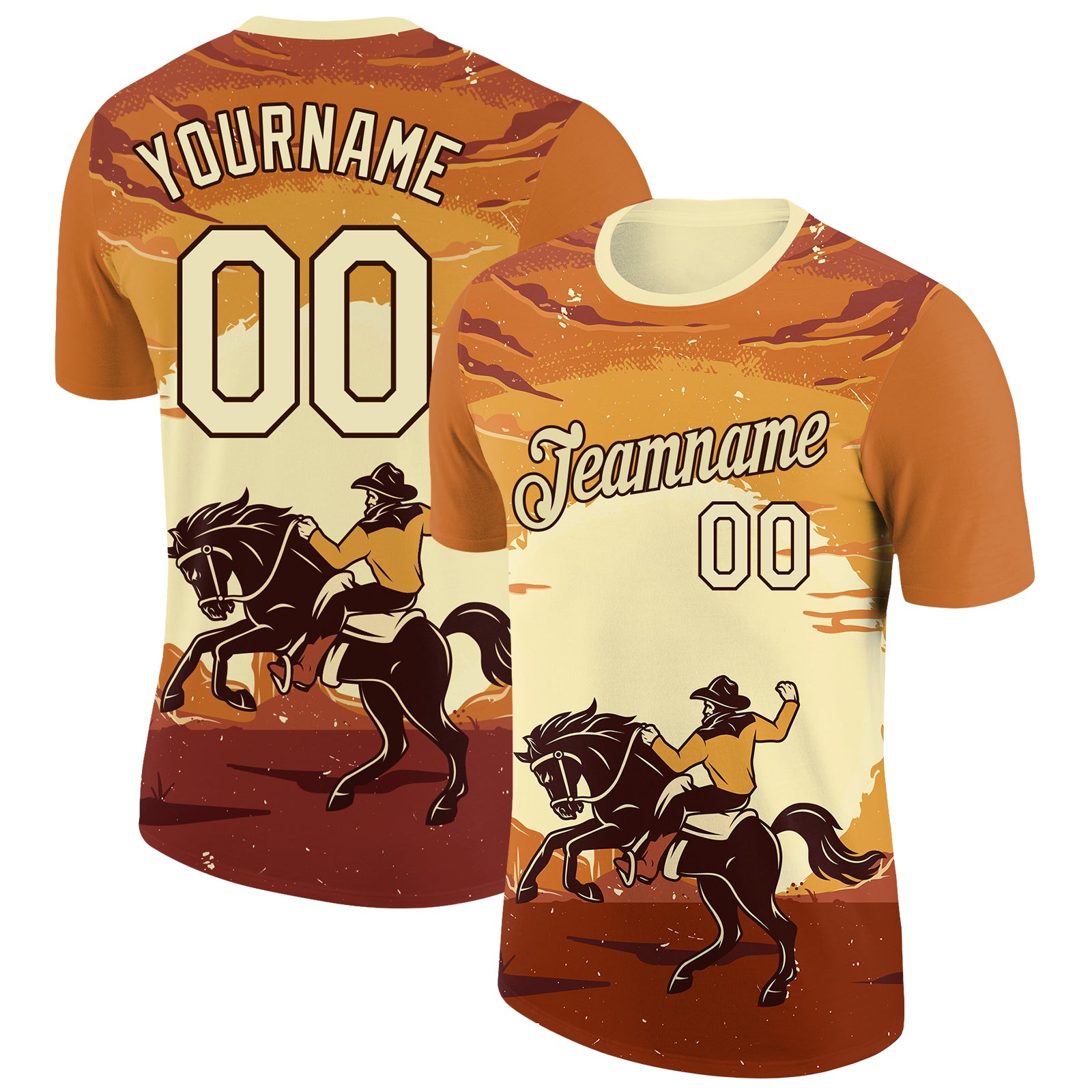 Custom Orange City Cream-Brown 3D Pattern Design Cowboy Rodeo Performance T-Shirt