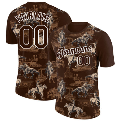 Custom Brown White 3D Pattern Design Cowboy Rodeo Performance T-Shirt