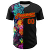 Custom Black Red-Gold 3D Pattern Design Rave Flower Authentic Baseball Jersey