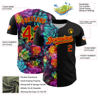 Custom Black Red-Gold 3D Pattern Design Rave Flower Authentic Baseball Jersey