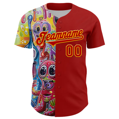 Custom Red Gold 3D Pattern Design Rave Funny Monster Authentic Baseball Jersey