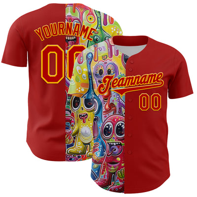 Custom Red Gold 3D Pattern Design Rave Funny Monster Authentic Baseball Jersey