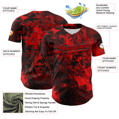 Custom Black Red 3D Pattern Design Rave Skull Authentic Baseball Jersey