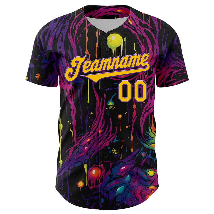 Custom Black Yellow-Purple 3D Pattern Design Rave Tree With Eye Authentic Baseball Jersey