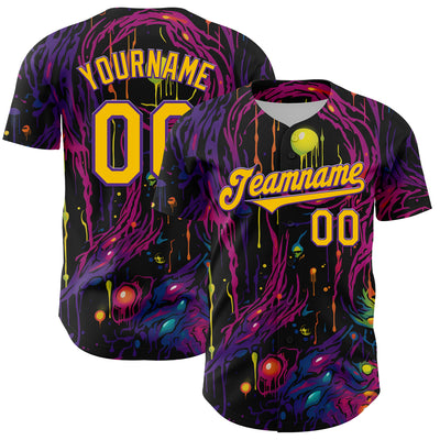 Custom Black Yellow-Purple 3D Pattern Design Rave Tree With Eye Authentic Baseball Jersey