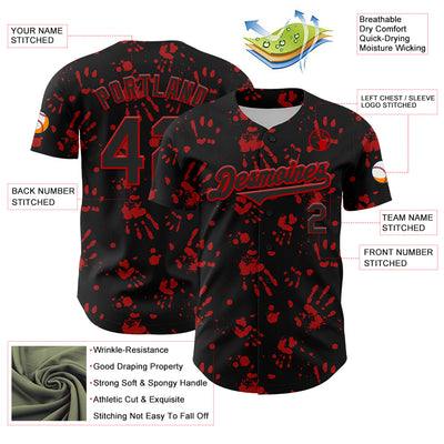 Custom Black Red 3D Pattern Design Rave Bloody Handprint Authentic Baseball Jersey