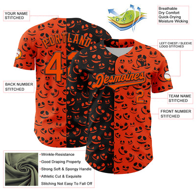 Custom Orange Black 3D Pattern Design Rave Halloween Pumpkin Authentic Baseball Jersey