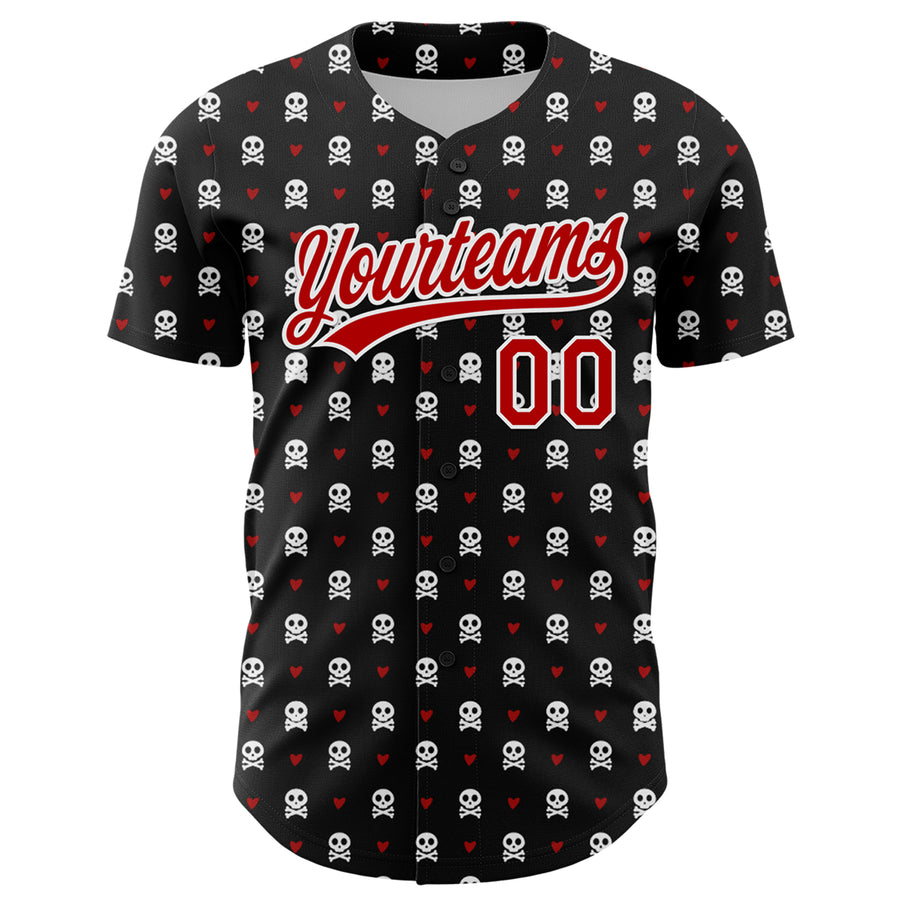 Custom Black Red-White 3D Gothic Style Skull Authentic Baseball Jersey