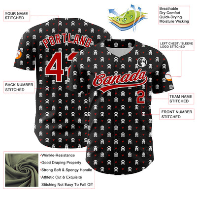 Custom Black Red-White 3D Gothic Style Skull Authentic Baseball Jersey