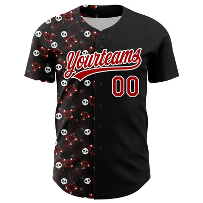 Custom Black Red-White 3D Gothic Style Skull Authentic Baseball Jersey