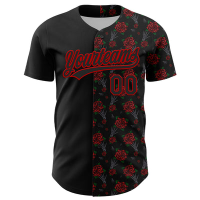 Custom Black Red 3D Pattern Design Gothic Style Rose Authentic Baseball Jersey