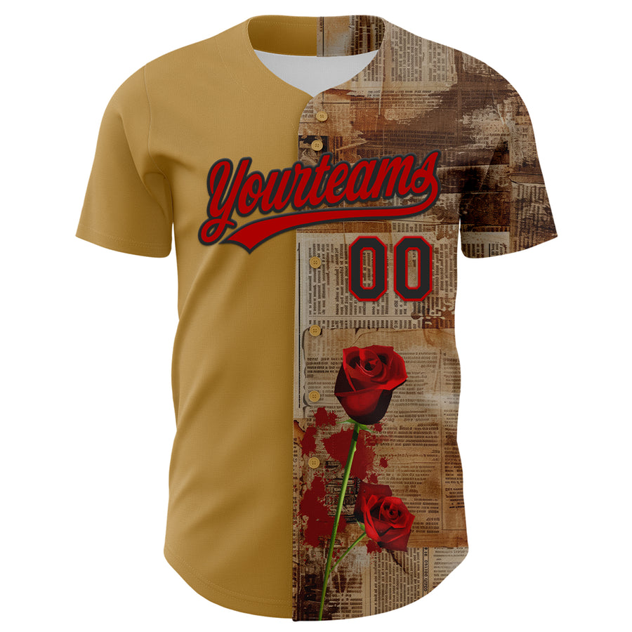 Custom Old Gold Red-Black 3D Pattern Design Gothic Style Rose Authentic Baseball Jersey