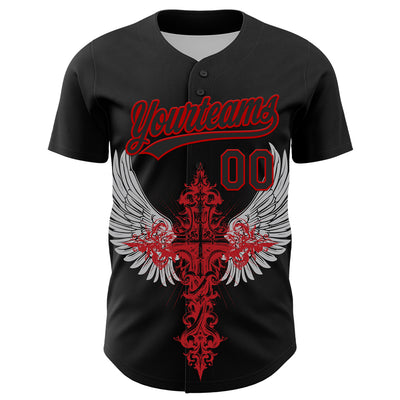 Custom Black Red 3D Pattern Design Gothic Style Cross With Wings Authentic Baseball Jersey