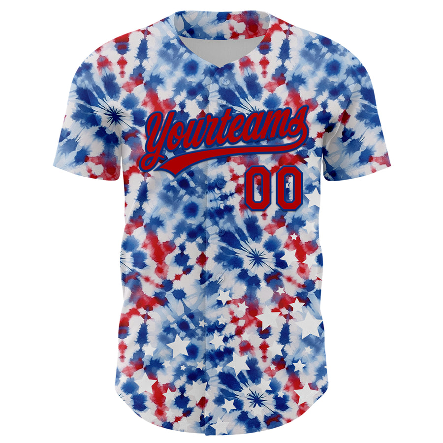 Custom White Red-Royal 3D American Flag And Fireworks Authentic Baseball Jersey