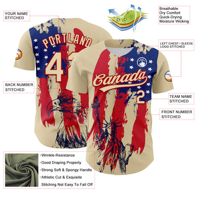 Custom Cream Red-Royal 3D Pattern Design American Spirit American Eagle And Stars Authentic Baseball Jersey