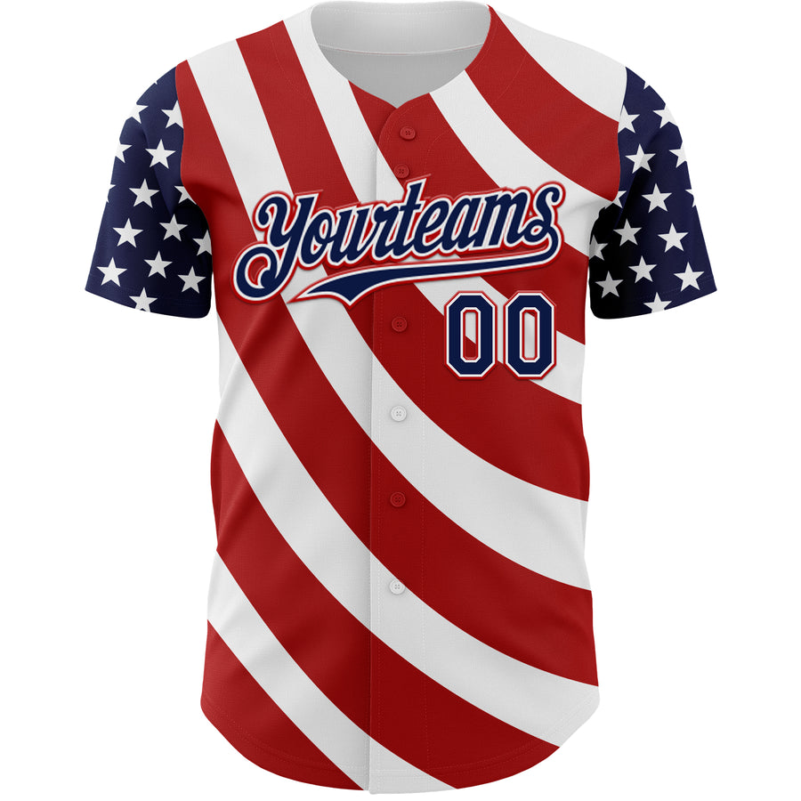 Custom White Navy-Red 3D American Flag Authentic Baseball Jersey