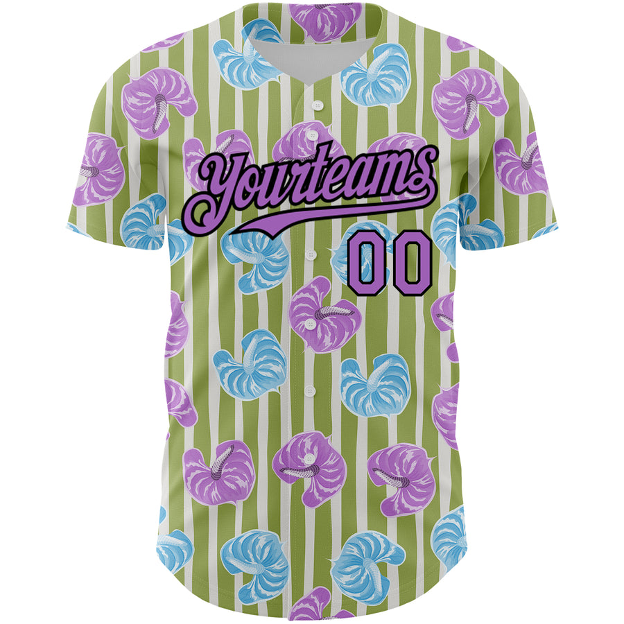 Custom Olive Medium Purple-Black 3D Pattern Design Tropical Anthurium Flower Authentic Baseball Jersey